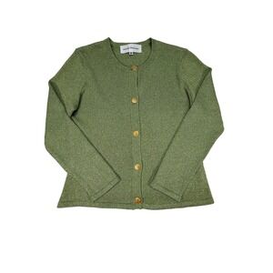 Steven Stolman Green Metallic Lurex Cardigan Gold Button Medium USA Vintage